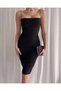 Strappy Double Breasted Collar Detailed Stretchy Sandy Fabric Body Hugging Draped Bodycon Midi Length Stylish Evening Dress