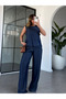 Navy Blue Tencel Button Detailed Vest and Trousers Set - 0102 - 4