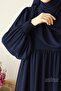 طقم فستان هيفا بأكمام بالون مع شال هدية باللون الأزرق الداكن - 4