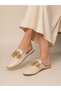 Women's Cream Patent Leather Stone Embellished Pointed Toe Slip-On Short Heeled Slippers with Floral Accessories - 3