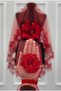 Red Bridal Veil Set, Laced, Shiny Stone and Pearl Decorated Henna Night Veil and Head Cover, 6 Pieces - 5