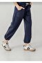 Navy Blue Stoned Pocketed Brit Elastic Cuffed Girls' Sweatpants 6168-4