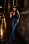 Women's Large Diamond Stone High Waist Straight Fit Navy Blue Trend Design Jeans - 4
