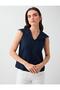 Navy Blue Linen Blend V-Neck Blouse with Lace Detail