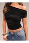 Black Asymmetric Collar Draped Crop Blouse Women's Off Shoulder Slim Fit Blouse - 4