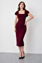 Burgundy Crepe Fabric Square Collar Slit Design Midi Pencil Dress 99157 - 8
