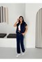 Women's Stripe Detailed Vest Suit with Zipper, Loose Cut, Wide Leg Pants and Top Set - 4
