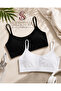 2-Piece String Straps - Removable Pads - Cotton Crop Half Tank Top - Wire-Free Comfort (2 Pieces) Black - White - 3