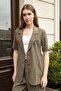 Women's Lycra-Free Linen-Look Fabric Collared Flato Pocketed Short Sleeve Blazer Jacket-Khaki - 2
