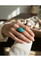 Bronze Vintage Women's Ring Authentic Copper Jewelry Large Turquoise Stone Oval Adjustable