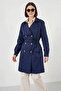Women's Double-Breasted Collared Belted Navy Blue Trench Coat - 2