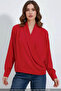Women's Double-Breasted Collar Draped Satin Red Blouse - 3