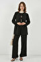 Women's Round Neck Regular Front Lace-Up Black Two-Piece Set - 8