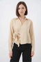 Women's V-Neck Belted Tie-Front Striped Viscose Beige Shirt