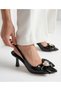 Women's Black Patent Leather Bow and Stone Accessory 7 cm Heeled Shoes and Bag Set - 3