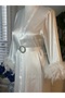 Ecru Silk Satin Feathered Maternity / Postpartum & Bridal Dressing Gown - Belt Brooch Detail - 2