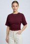 Burgundy Crew Neck Gathered Waist Bat Sleeve Crop Blouse