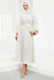 Ecru Rose Belt Detailed Balloon Sleeve Satin Evening Dress