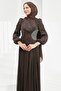 Brown Evening Dress with Elastic Sleeves and Stone Detail - 3