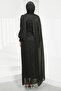 Black Cape Detailed Draped Stone Embellished Evening Dress - 5