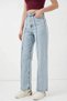 Women's Crew Neck High Waist Denim Blue Trousers with Stitching Detail - 3