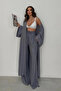 Women's Anthracite Kimono Set with Long Slits and Seersucker Textured Trousers, Bohemian Summer Combination - 7