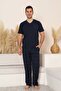 Men's Pajama Set - Navy Blue Checkered V-Neck Short Sleeve Combed Cotton 1225Ky