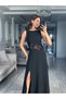 Women's Open Shoulders, Open Waist, Lace Trim, Slit, Long Janjan Crepe Dress - 7