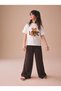 Girl's 2-Piece Set Combed Cotton Printed T-Shirt and Polka Dot Crinkle Woven Pocket Trousers Brown