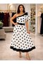 Women's One-Shoulder Open-Shoulder Dress with Ribbon Detail on the Other Shoulder, Belted Polka Dot Woven Midi Dress - 3