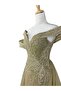 Olive green Beaded Off‑Shoulder Evening Gown with Tulle Train - 2