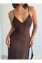Crep Women's Strappy Midi Dress – Fitted Summer Dress with Lace Detail and Textured Fabric, Brown - 2