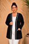 Women's Black Plus Size Stone Print Front White Ribbed Stripe Detail Pocketed Open Front Stretchy Viscose Cardigan - 4