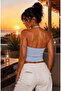 Women's Blue Cross Collar Backless Crop Blouse Be419 - 2