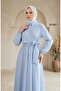 Half Buttoned Elastic Waist Striped Dress 0320-09 Ice Blue - 3