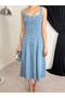 Buttoned Corset Detailed Square Neck Midi Length Denim Dress - 4