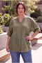 Cufflink Detailed Linen Blend Women's Plus Size Shirt Khaki