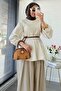 Premium Segmented Balloon Sleeve Poplin Blouse - Beige