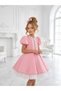 Girl's Ruffle Lace and Ribbon Detail Clown Collar Dress with Stone Detail on Balloon Sleeves - 4