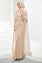 Beige Capelet Evening Dress with Drawstring Front and Stones - 4