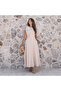 Beige Women's Bowknot Crew Neck Pleated Dress with Pockets and Zero Sleeves - 2