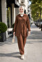 Women's Buttoned Belted Strawberry Fabric Tunic Trousers Brown Double Set - 3