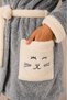 Women's Gray Hooded Plush Robe Bamboo Organic Cat Embroidery Detailed Wellsoft Bathrobe - 7