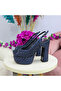 Women's Navy Blue Crystal Stone Platform Heeled Evening Dress Sandals - 2
