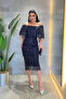 Full Beaded Fabric Boat Neck Pencil Dress - Dark Blue - 2