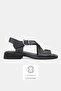 WOMEN'S BLACK GENUINE NATURAL LEATHER STRAPPED BUCKLE FLAT SANDALS