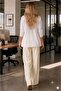 Cream Cotton Comfortable Cut Wide-Leg Pants with Elastic Waist and Laces - 2
