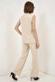 Women's V-Neck Buttoned Beige Double Suit with Lining Detail - 6