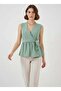 Women's Double Breasted Collar Belted Sleeveless Green Blouse - 2