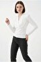Women's Double-Breasted Collar White Blouse with Shoulder Pads - 3
